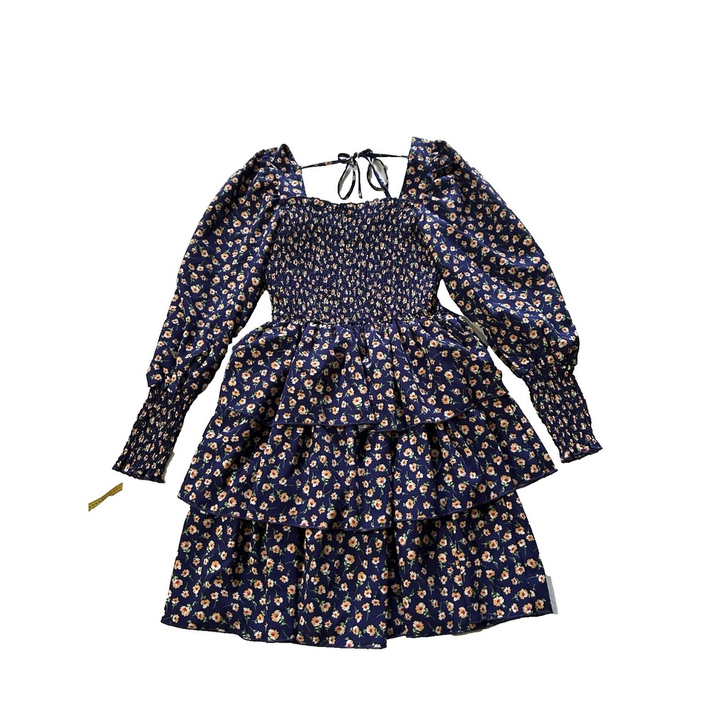 Kirundo Womens Small Navy Floral Smocked Tiered Mini Dress Cottagecore